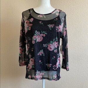 New Black&Pink Sheer Floral Blouse 3/4 Sleeve 2 Piece